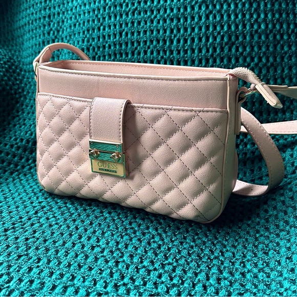 Guess Bags Guess Quilted Leather Crossbody Bag Blush Pink Gold New